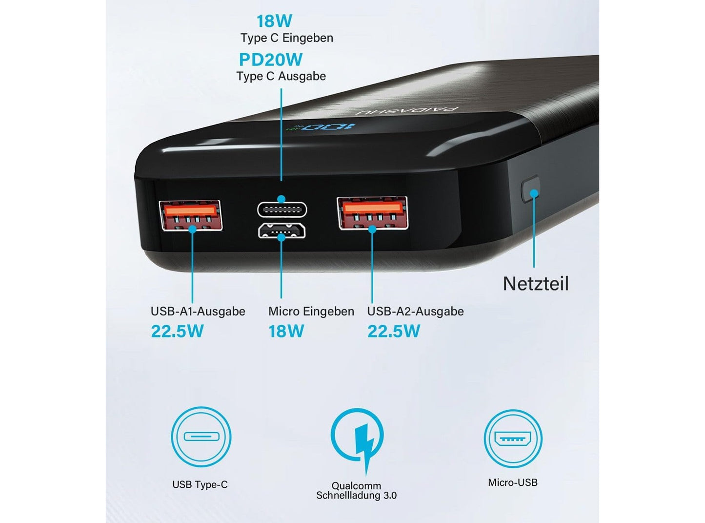 Power Bank 27.000 Mah 22,5 W PD 20W Ricarica Rapida USB C Display LED 3 Out 2 In